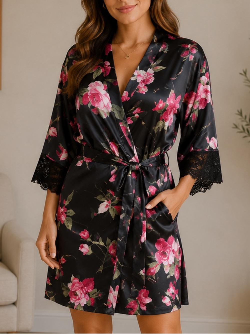 Linea Donatella Luxury Floral Print Lace Trim Wrap Robe rose black satin small - Picture 1 of 9